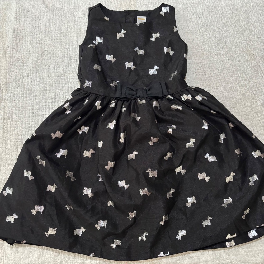 Gymboree Girls Black Silver Metallic Scottie Dog Party Dress Size 6 Holiday Bow